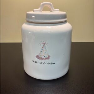 RAY DUNN “I BELIEVE IN CELEBRATING” CANISTER/COOKIE JAR